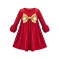 thumbnail image 1 of Robe Fille Rouge Noël Or Nœud Papillon Manches Cloche Velours Fête 7 Ans, 1 of 1