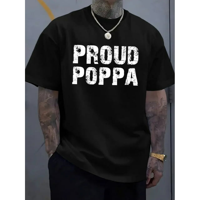 1 Pce T-Shirt Décontracté à Col Rond pour Hommes avec Imprimé "Poppa Fier", Tissu en Polyester, Légèrement Extensible, Manches Courtes, Longueur Régulière, Motif Alphabet pour Usage Quotidien et Week-End - Collection d'Été