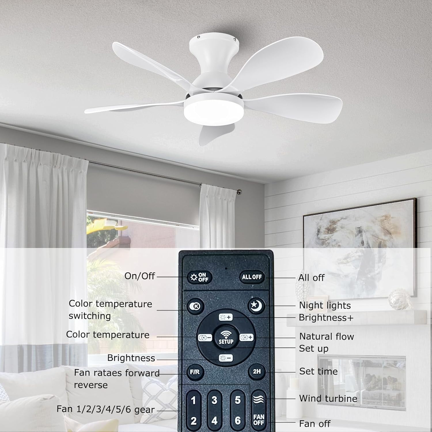 33In Low Profile Ceiling Fans with Lights and Remote/APP Control, White Modern Flush Mount Ceiling Fan with 5 Reversible Blades for Outdoor Patio,Small Room,Bedroom