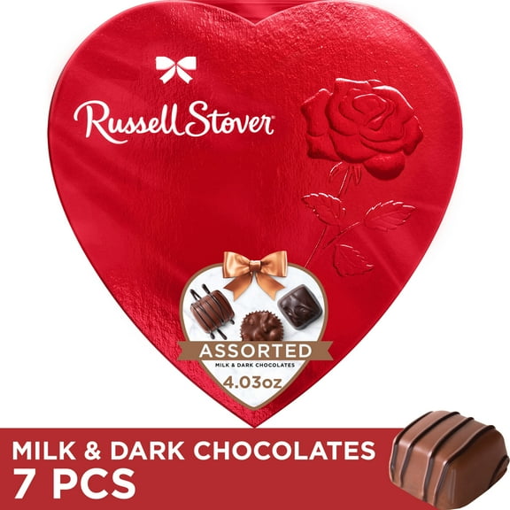 Russell Stover Valentine's Day Red Foil Heart Assorted Milk & Dark Chocolate Candy Gift Box, 4.03 oz.