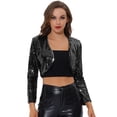 thumbnail image 1 of Chaqueta de lentejuelas Allegra K para Mujer, Manga Larga, Cárdigan Recortado, Frente Abierto, Bolero Shrug, Negro, S, 1 of 5