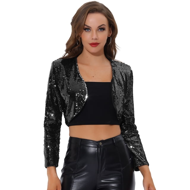 Chaqueta de lentejuelas Allegra K para Mujer, Manga Larga, Cárdigan Recortado, Frente Abierto, Bolero Shrug, Negro, S