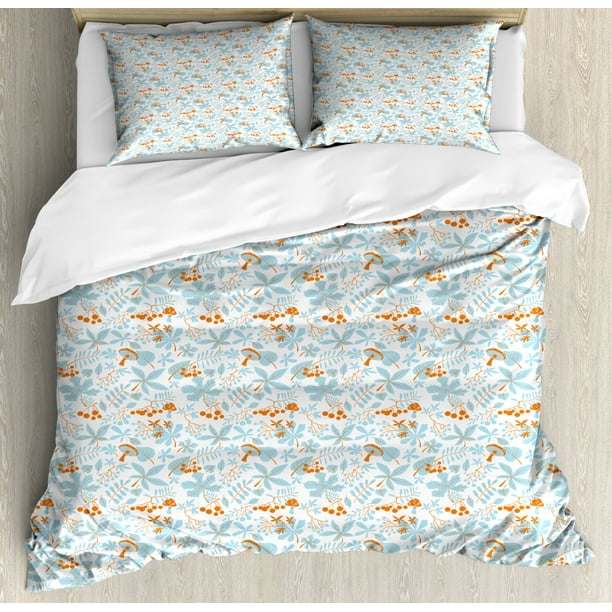 Orange Blue Duvet Cover Set Queen Size, Autumn Abstract Botanical