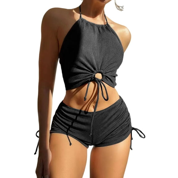 Sexy Bikinis Set for Women 2 Piece Hollow Out Halter Bra High Waist Side Drawstring Swimming Trunks Set Bathing Suit Beachwear