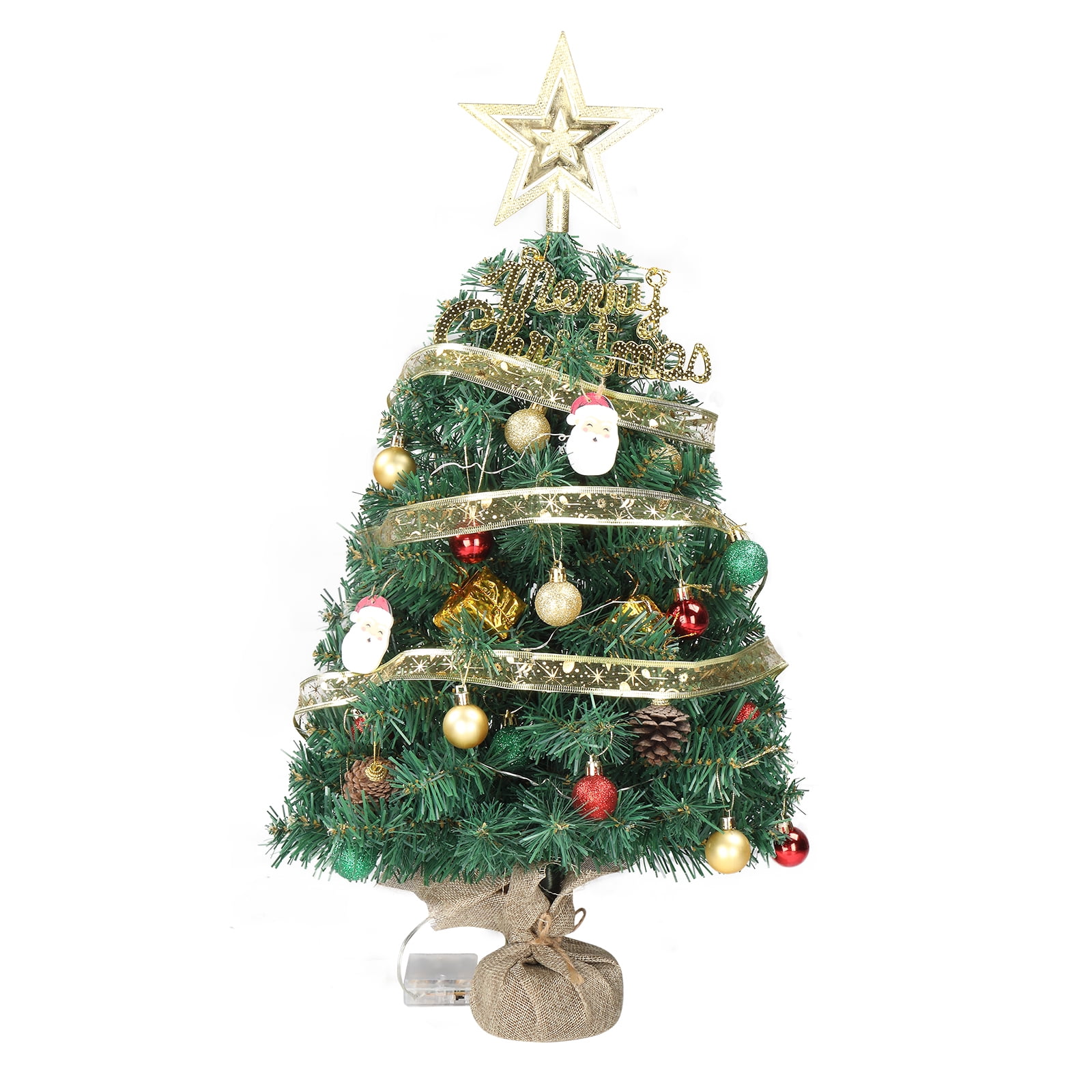 20 in Pre-lit Artificial Mini Christmas Tree, Pre-Decorated with 30 Warm White LED Lights 3 Modes, Premium PVC Wood Base for Home Office Store Holiday Deco, Green
