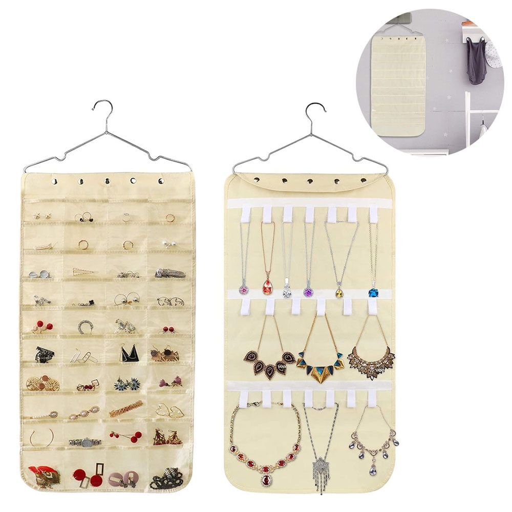 Double Sided Hanging Jewelry Organizer 40 Pockets 20 Magic Tape Hook 