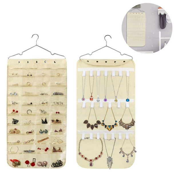 Rongmo Hanging Jewelry Organizer, Double Sided 40 Pockets And 20 Magic Tape Hook Jewelry Organizer, Necklace Holder Jewelry Chain Organizer Beige
