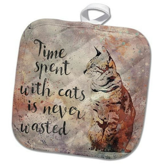 3dRose, Cat illustration watercolor time spend with cats is never wasted, 8x8 Potholder