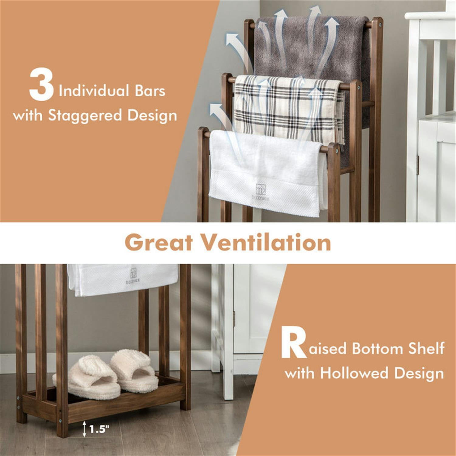 Demi Bonn Free Standing Towel Rack for Bathroom, 3-Bar Blanket Rack with Bottom Storage Shelf, Blanket Holder, Drying and Display Rack, Brown