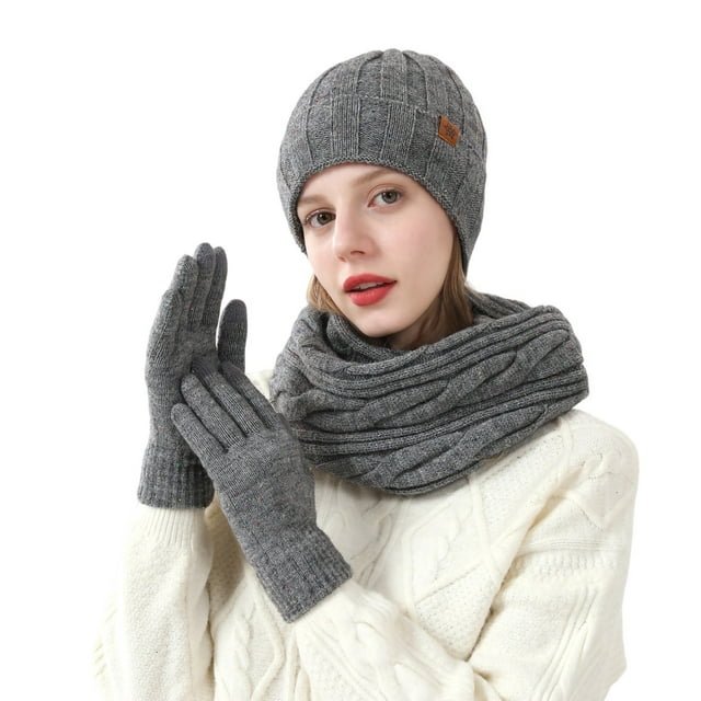 Gray Winter Double Layer Fleece Lined Warm Wool Hat Neck Warmer Gloves Three Piece Set Gray Color For Cold Weather Casual Daily Use Hand Wash