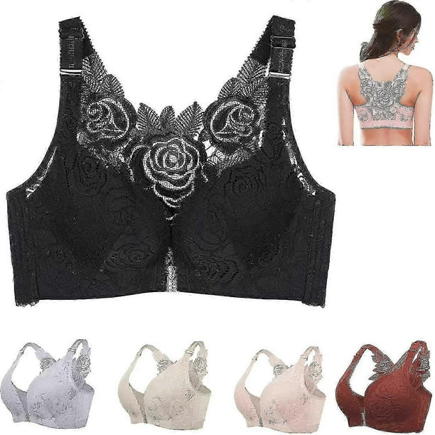 Wire-Free Front Closure Push Up Bra with Seamless Lift and Comfort Fit Rose Design