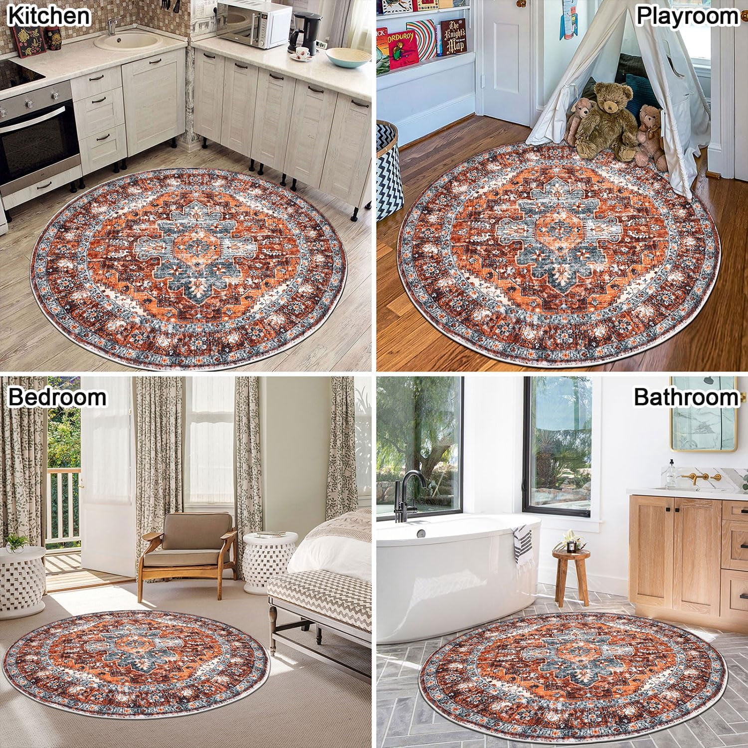 4 ft Round Area Rug, Yamaziot Boho Vintage Oriental Circle Carpet, Washable Non Slip Non Shedding Soft Faux Indoor Floor Mat Rug for Bedroom Living Room Sofa Office