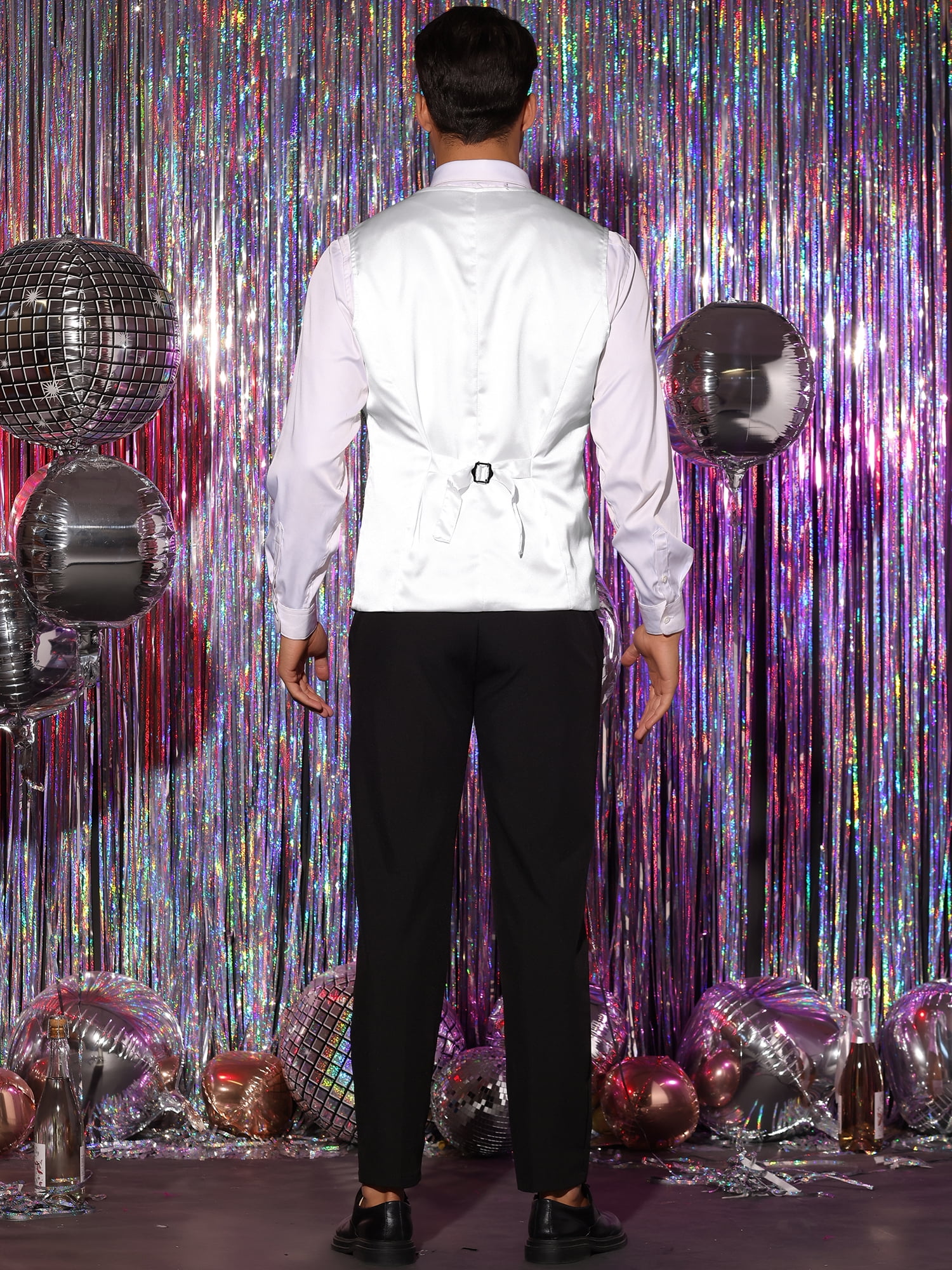 Unique Bargains Men's Sequin Waistcoat Sleeveless Dress Suit Vest with Bow Tie XL Champagne