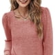 thumbnail image 3 of Camiseta con cuello cuadrado para mujer, camisetas de manga larga plisadas de color puro informal a la moda para ir de compras en el trabajo, rosa M, 3 of 5