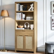 OAKHAM 5 Shelf Bookcase with Doors, 73 Tall Rattan Bookshelf with Cabinet and Drawer, Weathered Oak