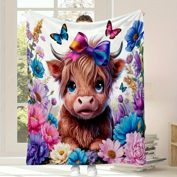 Luxury Flannel Bed Blanket - Whimsical Highland Cow with Floral & Butterfly Print, Machine Washable All-Season Cozy Throw, 4 Sizes (30x40 to 60x80in), Vibrant Red/Blue/Pink/Purple/White/Green, Perfec