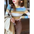 thumbnail image 4 of Sweet Rainbow Stripe Slim Fit Autumn Women's Sweater Basic Short Pullover Harajuku Knitted Sweater-Light Green-S, 4 of 7