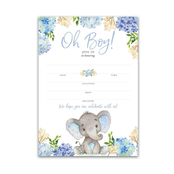 BLUE ELEPHANT Baby Shower INVITATIONS — Pack of 25 — BABY BOY Blank Fill-in Baby Shower INVITES, Oh Baby, Blue Floral BABY ELEPHANT BOY Baby Sprinkle Little Peanut Invitation SKU I531-INV1