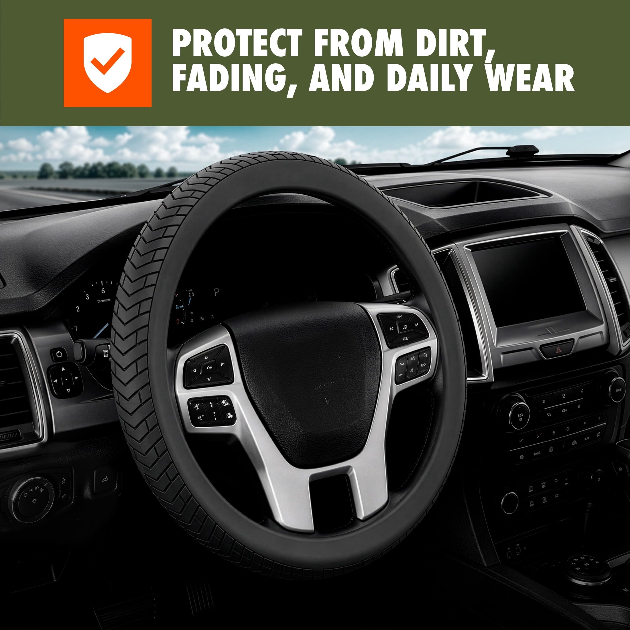Ozark Trail Truck Steering Wheel Cover Faux Leather, Fits 16" diameter, Black Tire Tread