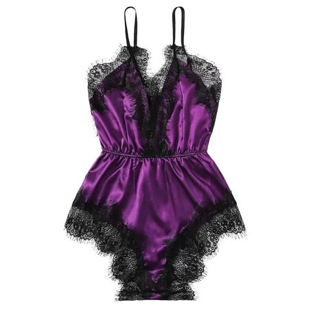 

wendunide lingerie for women New Fashion Sexy Bodysuit Jumpsuit Lace Satin Silk Sleepwear Lingerie Underwear Purple L