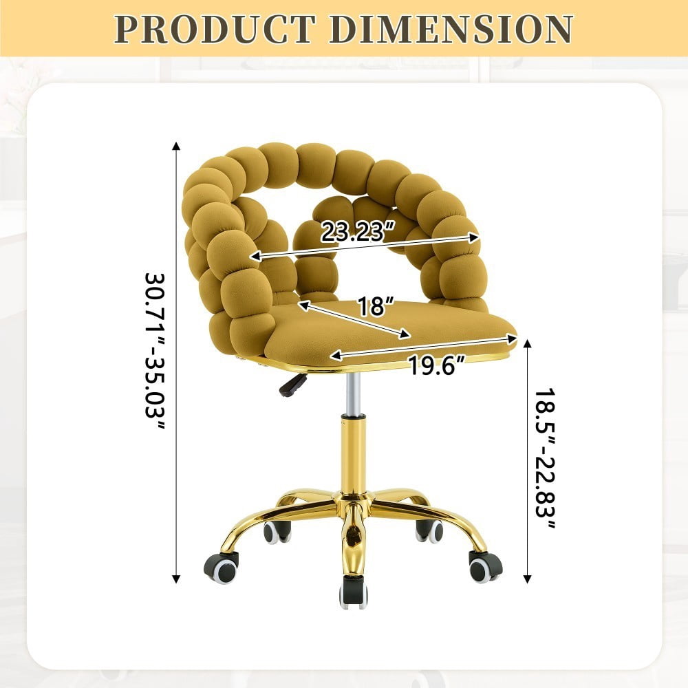 Velvet Office Chair, Adjustable Swivel Desk Chair with Bubble Back, Gold Metal Base, Rolling Vanity Chair for Home Office, Bedroom & Makeup Room, Yellow
