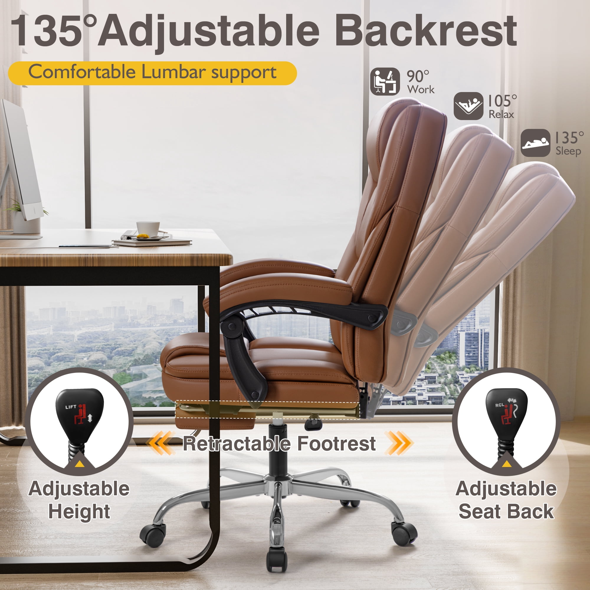 Furmax Reclining Massage Computer Chair Ergonomic Executive Office Chair Height Adjustable Leather Chair With Armsrests,Brown