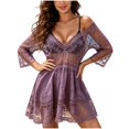 thumbnail image 3 of Hesxuno Women Swimsuit Cover Ups 3/4 Sleeve Swim Dress Lace Bathing Suit Cover Up Beach Boho Vacation Restro Beachwear Purple Free Size, 3 of 7