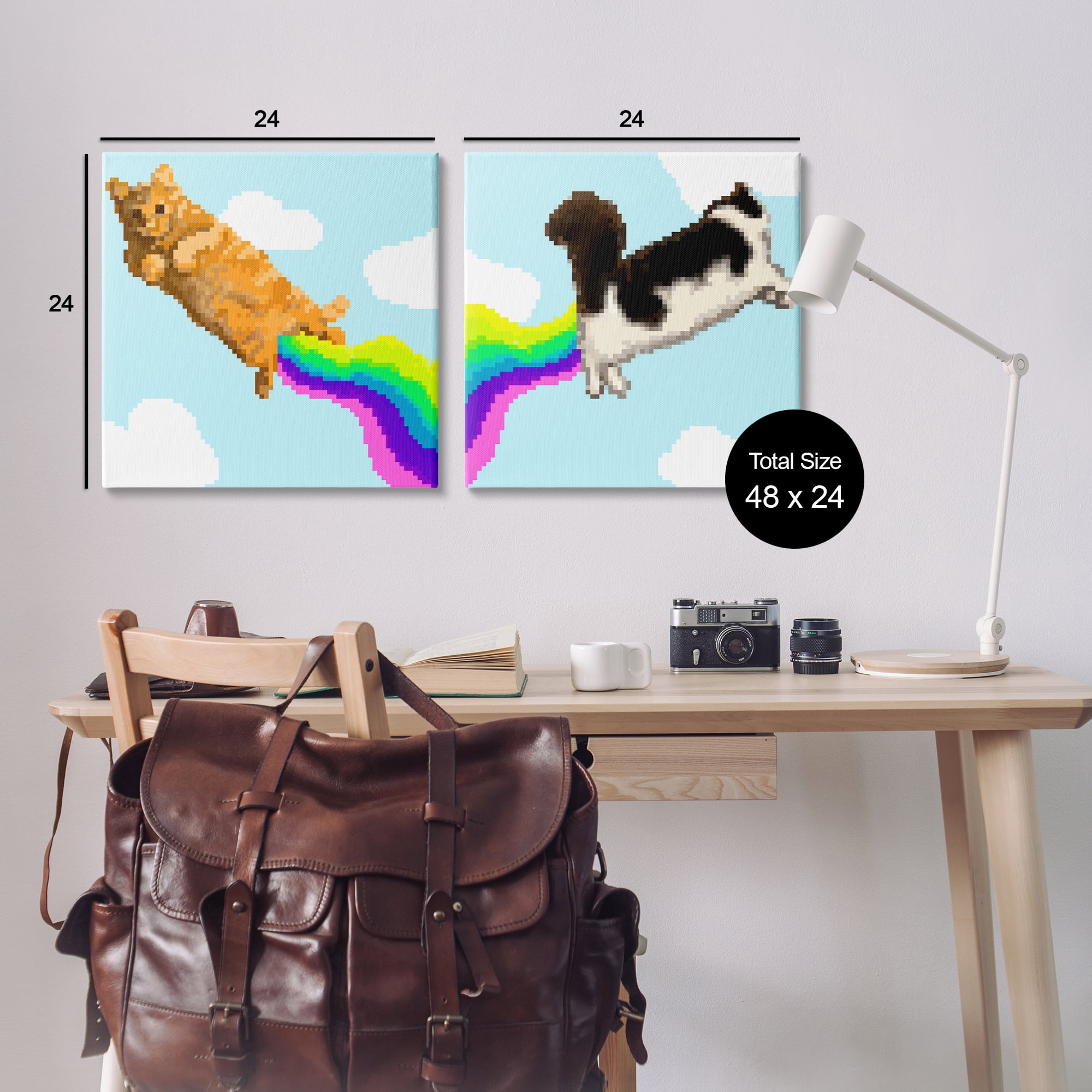 Stupell Industries Pixel Cats with Rainbows Animals Painting Wrapped Canvas Art Print Wall Art, 24 x 24, Set of 2