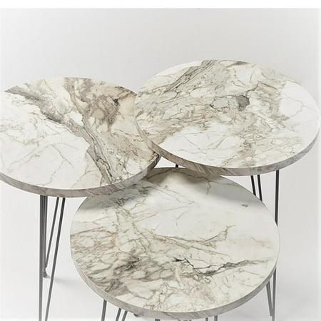 White Marble Nesting Coffee Tables 3 PCS,Round Side Table With Black Metal 3-Rod Legs,Set of 3 Small Accent Table, Nightstand Modern End Table for Living Room Bedroom,Nesting Tables