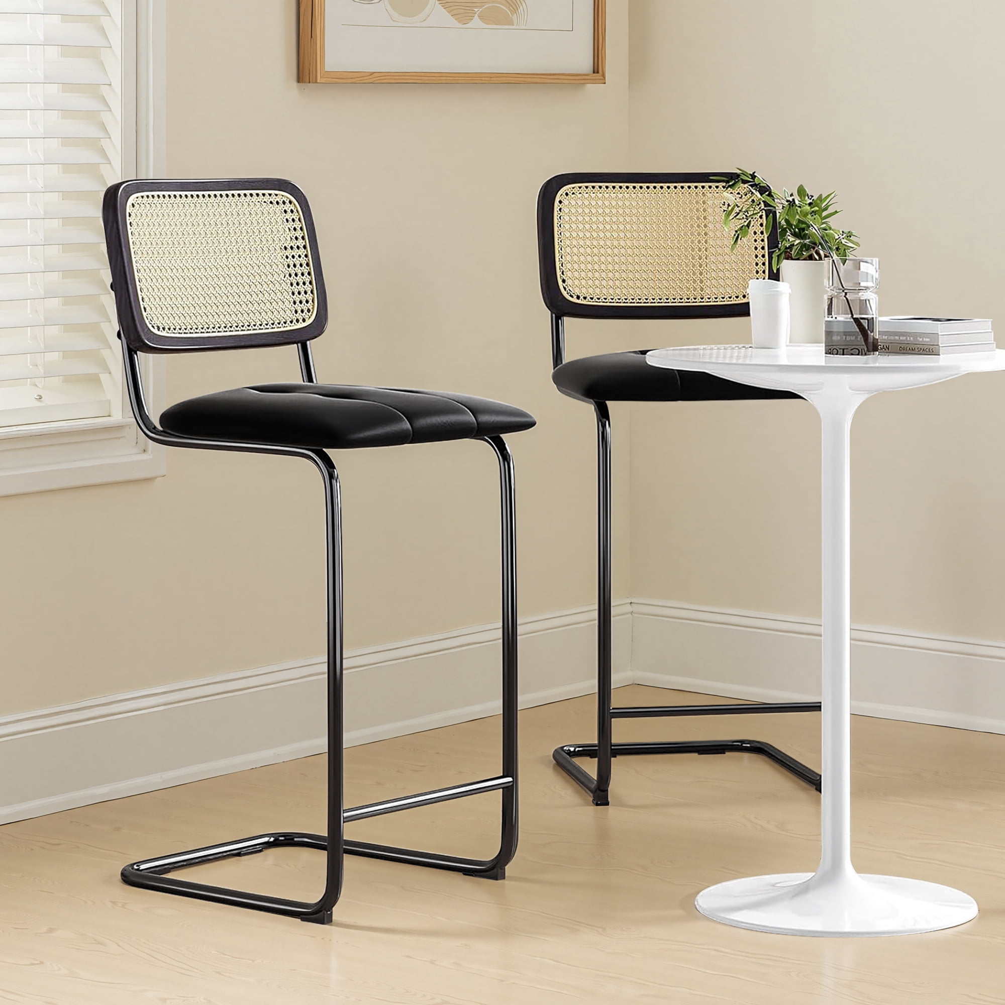 MAYEERTY 30" Black Counter Height Bar Stools Set of 2, PU Leather & Rattan Back, for Dining Areas