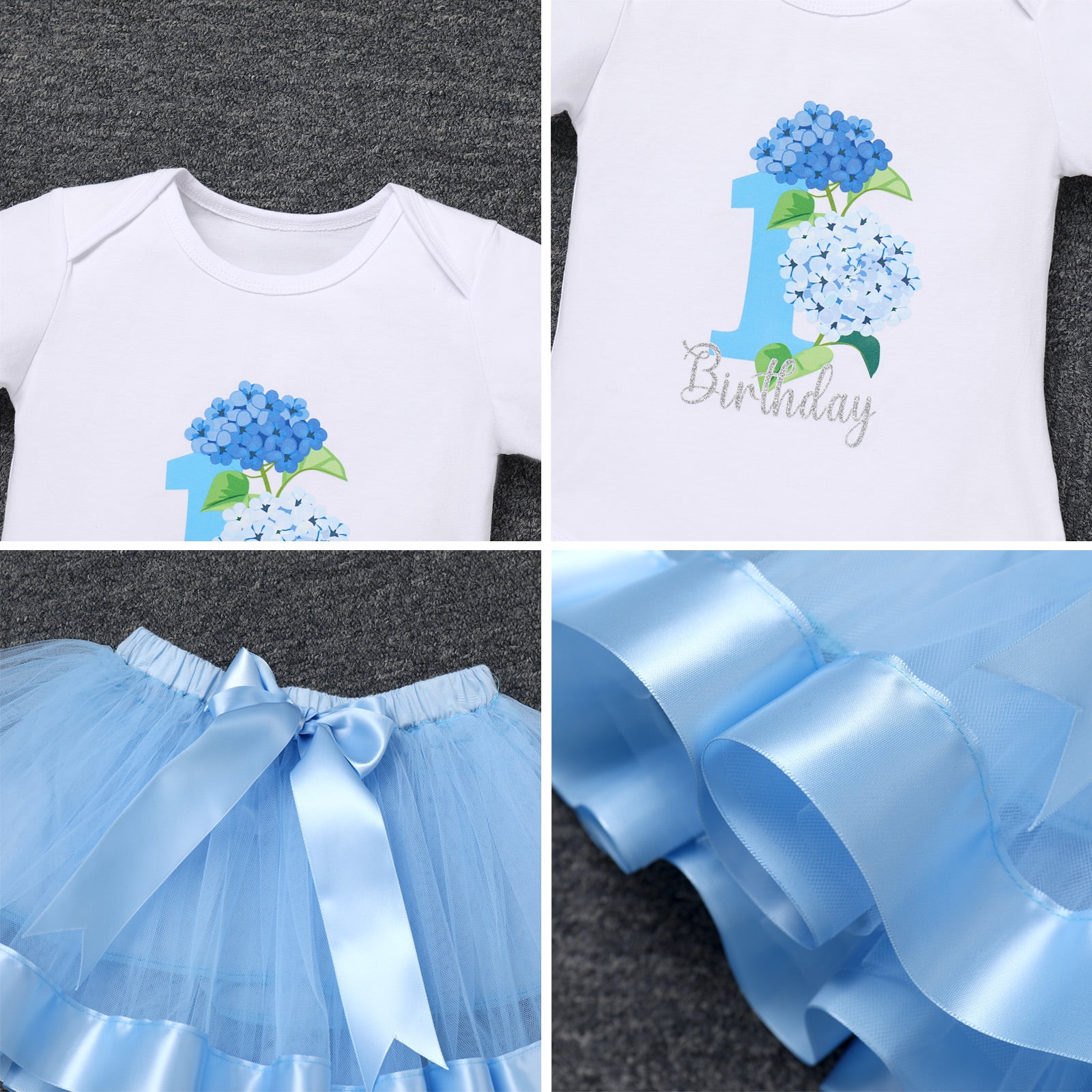 IBTOM CASTLE Infant Baby Girl One Year Old Birthday Outfit Floral Lace Party Cake Smash Romper + Tutu Skirt + Crown Clothes Set for Photo Shoot 1 Year Blue - Flower