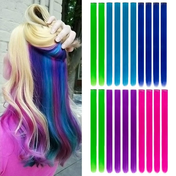 20 piezas de extensiones de cabello de colores con clip para reflejos de fiesta, extensiones de cabello coloridas, postizos sintéticos rectos de 20 pulgadas (azul, azul oscuro, verde hierba, púrpura,