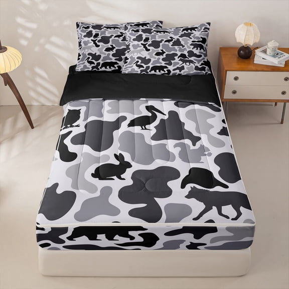 Manfei Retro Camo Zipper Twin Comforter Sets with Fitted Sheet and 2 Pillowcases,Lovely Bear Zipper Bedding Set,White Black,Black Reversible,4pcs