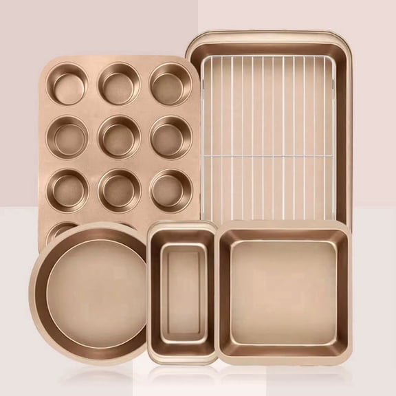 CHEF LANG 6 Pieces Baking Pans Set,Stackable Bakeware Set,Nonstick Baking Sheet Set for Oven,Complete Bakeware Set,Dishwasher Safe,Gold