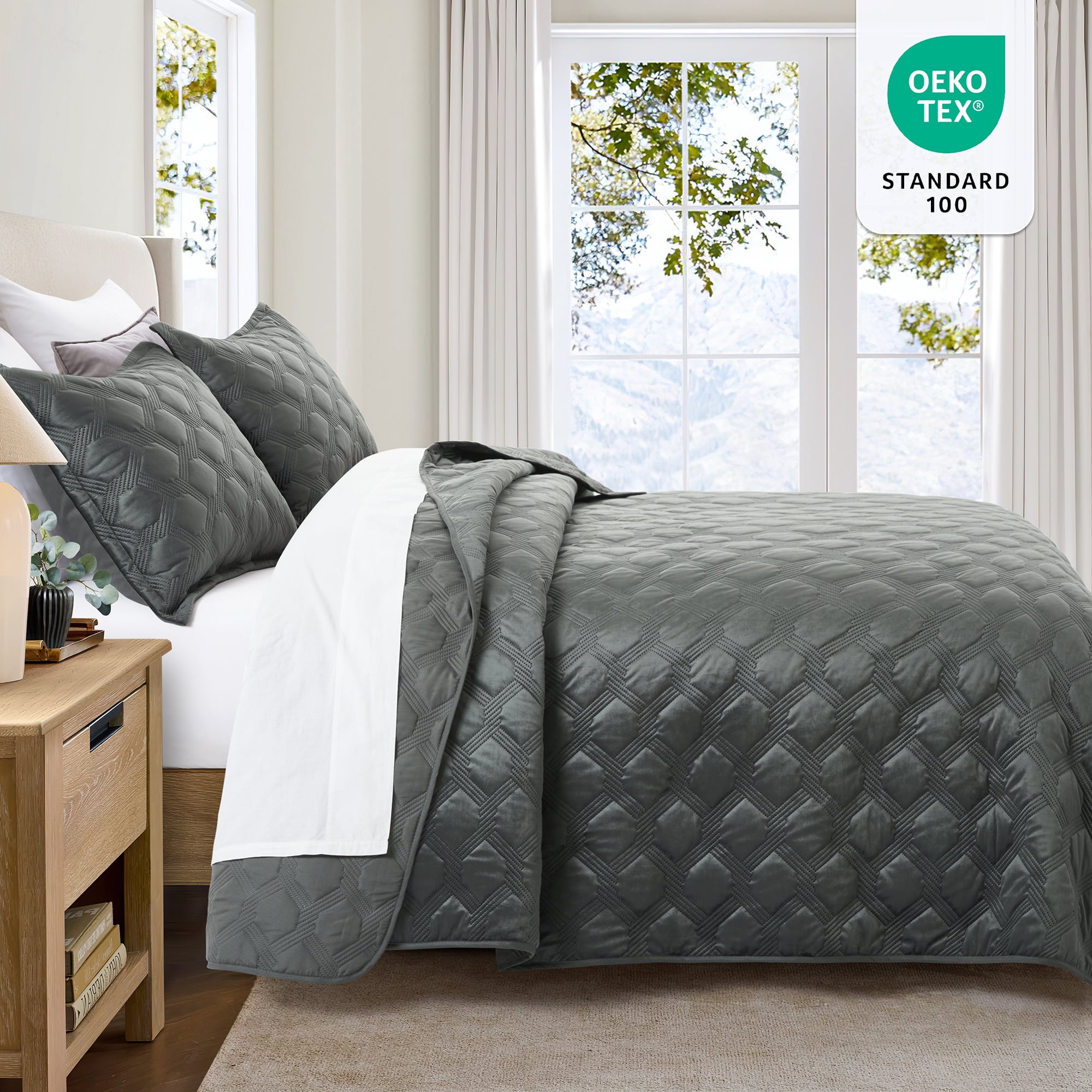 IR Imperial Rooms Velvet Quilt Set 3 Piece Geometric Ultrasonic Embossed Bedspread Reversible 350GSM Soft Brushed Microfiber Gray Full/Queen