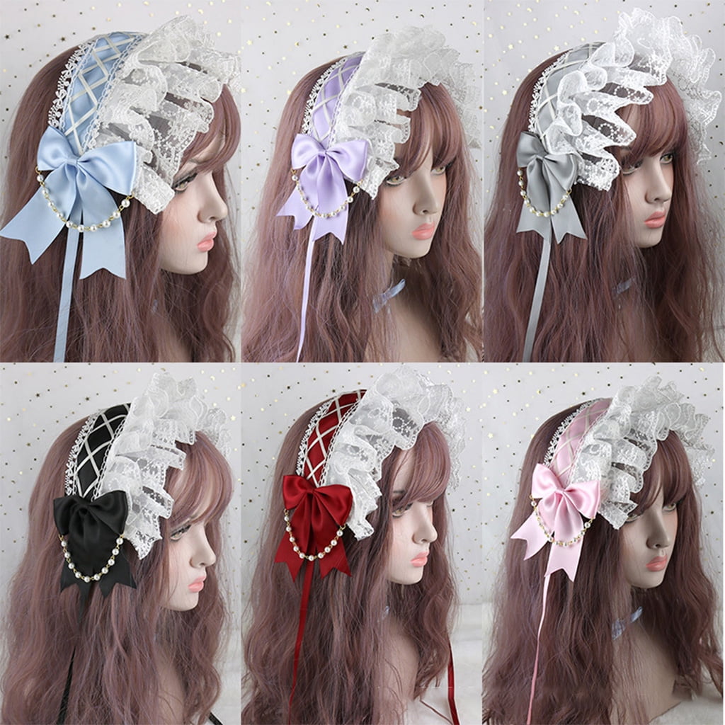 Lolita Ruffled Lace Headband Crisscross Ribbon Bow Pearls