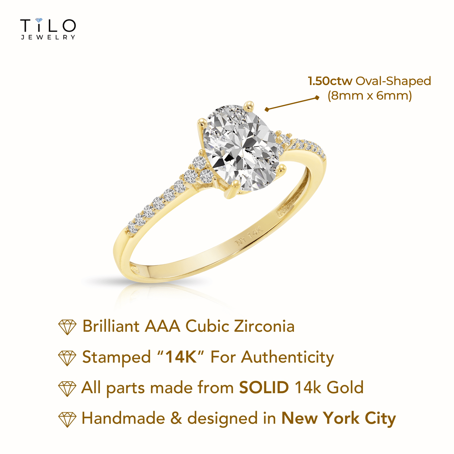 Tilo Jewelry 14K Yellow Gold 1.50 Carat Solitaire Oval-Shaped Engagement Wedding Ring with Side-stone Accents | Size 7 | Classic Engagement Ring for Women