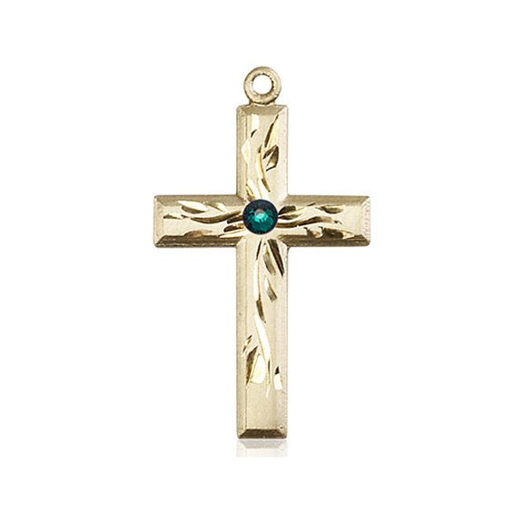 14kt Yellow Gold Cross Medal with 3mm May Green Swarovski Crystal 1 1/8 x 5/8 inches