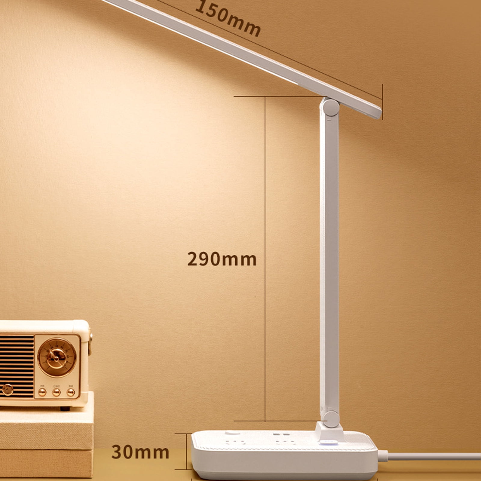 Power Strip with LED Desk Lamp, 2 Outlets 2 USB Ports 4 Modes 5 Level Lamp Small Desk Lamp for Home Office Bedroom Bedside, Study Reading Light, 5ft Extension Cord, Dorm Room Essentials