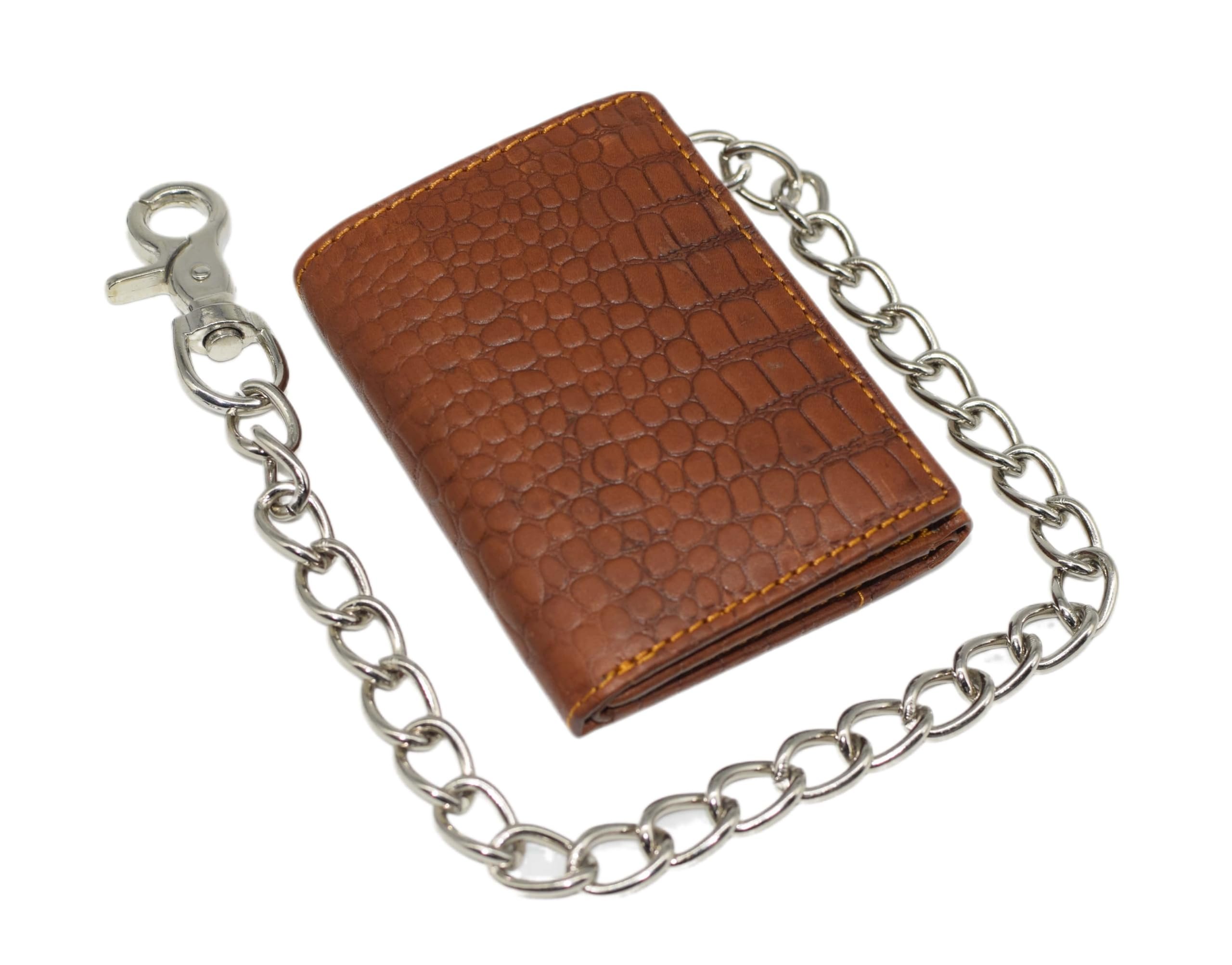 Men's Biker Chain Trifold Wallets - RFID Blocking Distressed Croco