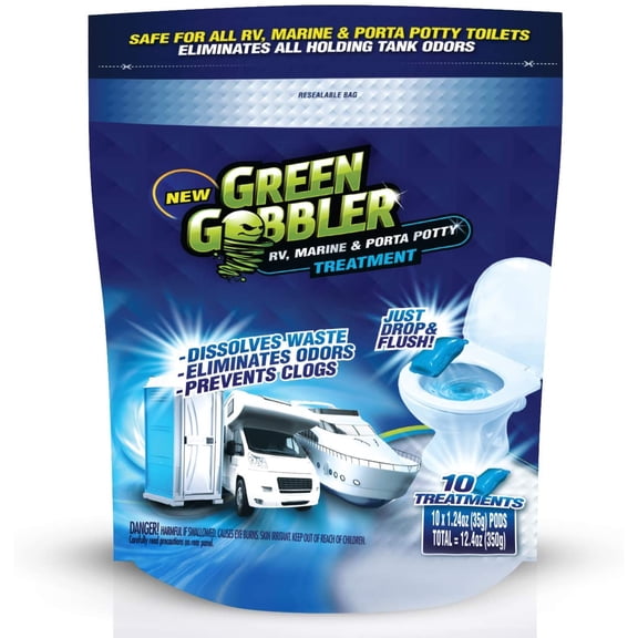 Green Gobbler Holding Tank Deodorizer and Treatment- RV, Marine & Porta Potty Treatment - Prevents Clogs & Waste Build-Up (10 Pod Pouch)