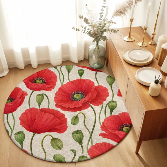 Round Rugs 4Ft, Red Flowers Round Area Rug Washable Indoor Throw Carpet, Country Botanical Poppy Blossom Floral Beige Soft Non Slip Circle Rug for Kitchen Nursery Room Home Decor Aesthetic