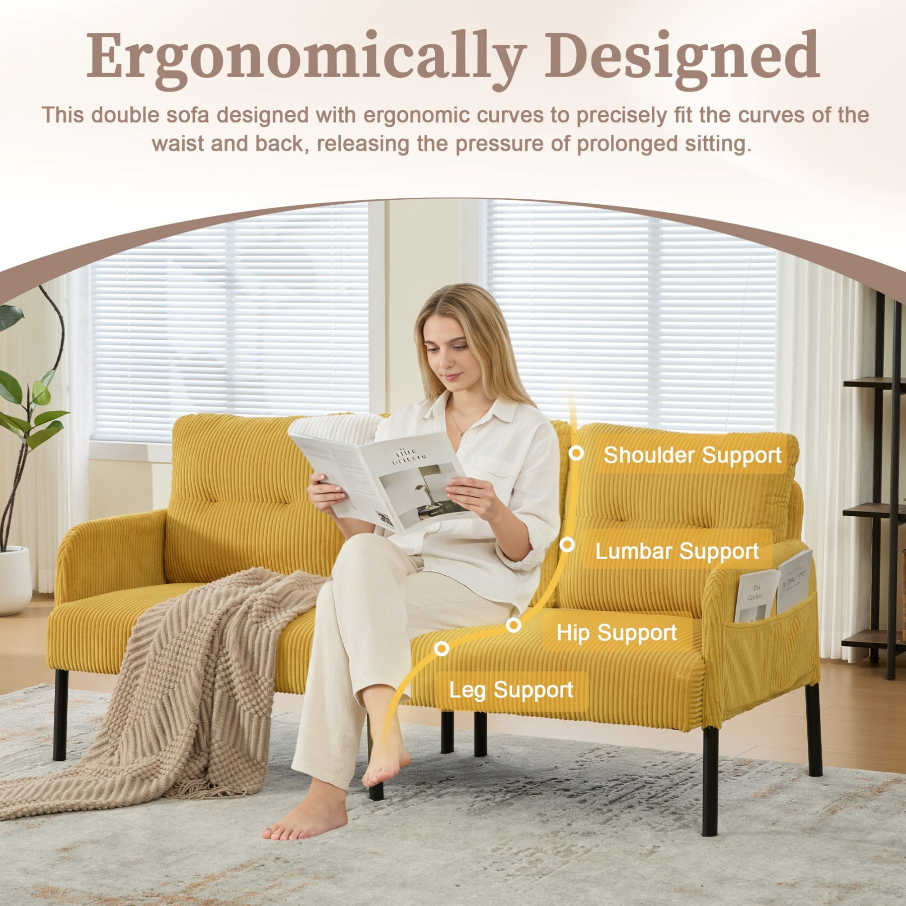 Oversized Loveseat Sofa, Modern Corduroy Upholstered Couch with Side Pockets & Metal Legs for Living Room Bedroom, Mustard yellow