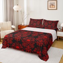 Feelyou Goth Skull Damask Full Size Sheets, Western Mandala Paisley Bed Sheets, Black Red Boho Flower Sheet Sets, Breathable Home Decor, 4-Piece