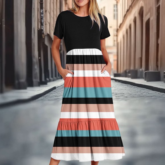 Sentmoon Hawaiian Dresses for Women Vacation Short Sleeve Crew Neck Dress for Wedding Guest with Print Breathable Loose Fit Plus Size Dress with Pockets Hawaiian Accessories for Women
