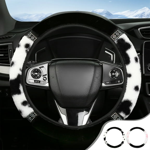 Cow Print Lint Steering Wheel Cover – Pink Polyester, Winter Warm, Rhinestone Studded, Elastic Fit, Soft Comfortable , Standard Size, Women’s Car Accessory