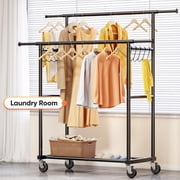 HOKEEPER Heavy Duty Double Rails Clothes Rack with Shelves, 450lbs Capacity Steel Garment Rack with Wheels, Commercial Grade Adjustable Length Bottom Mesh Shelf for Storage, Black