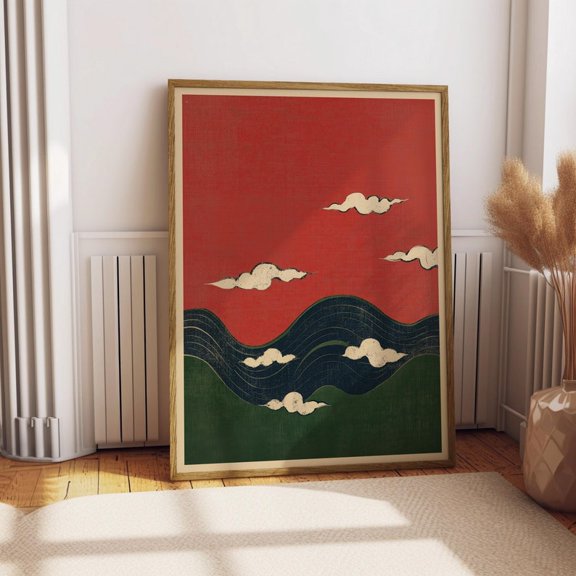 Vintage Abstract Waves and Clouds Japanese Woodblock Print Japan Edo Style Drawing Decor Vibrant Colour Minimalist Boho Wall Art Size 24x36 Unframed Poster
