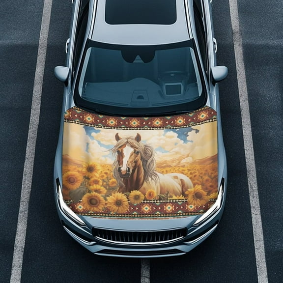 Uorisanigo Aztec Sunflower Horse Hood Covers Removable Car Hood Cover Protector Washable Stretch Car Bonnet Banner Suitable Most Automotive Sedans Trucks Pickup Sports Cars