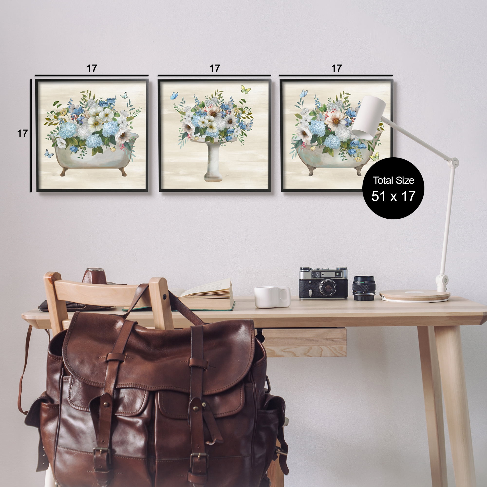 Stupell Industries Country Flower Bathroom Botanical & Floral Painting Black Framed Art Print Wall Art, 17 x 17, Set of 3